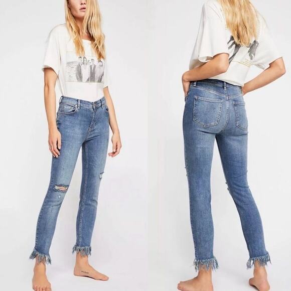 Free People boho fringe Skinny stretch jeans frayed ankle crop denim 90's y2k 26 - Picture 1 of 6